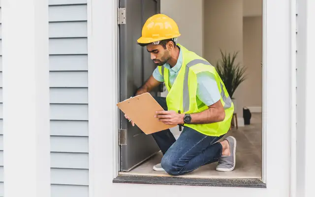 Pest control technician in safety gear inspecting inside a house