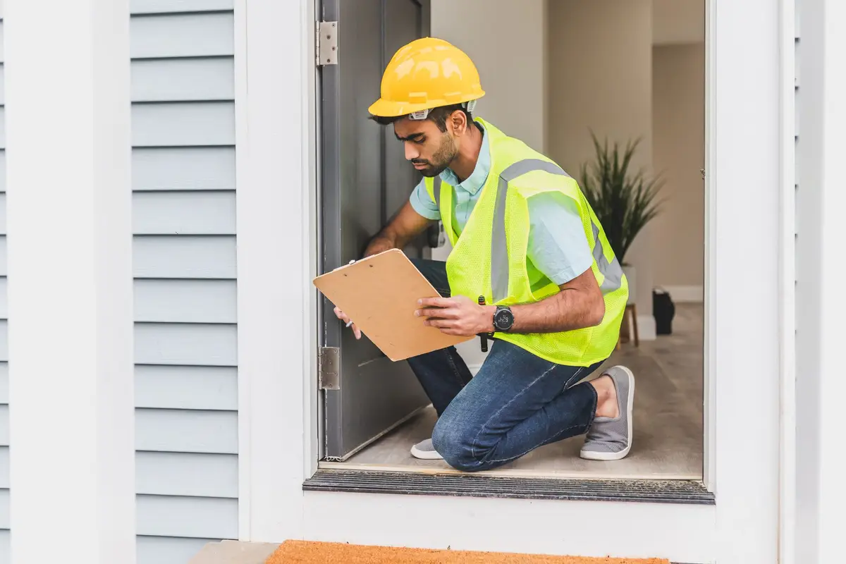Technician in safety gear inspecting inside a house